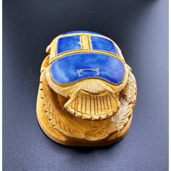 Egyptian Blue Sand Scarab Beetle Statue Heiroglyphics on bottom REPAIRED READ - Picture 2 of 16